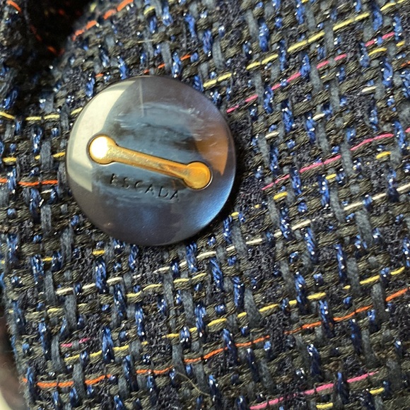 Escada, deep blue with multi colored threads; 2 pockets; button closure. - Picture 13 of 13